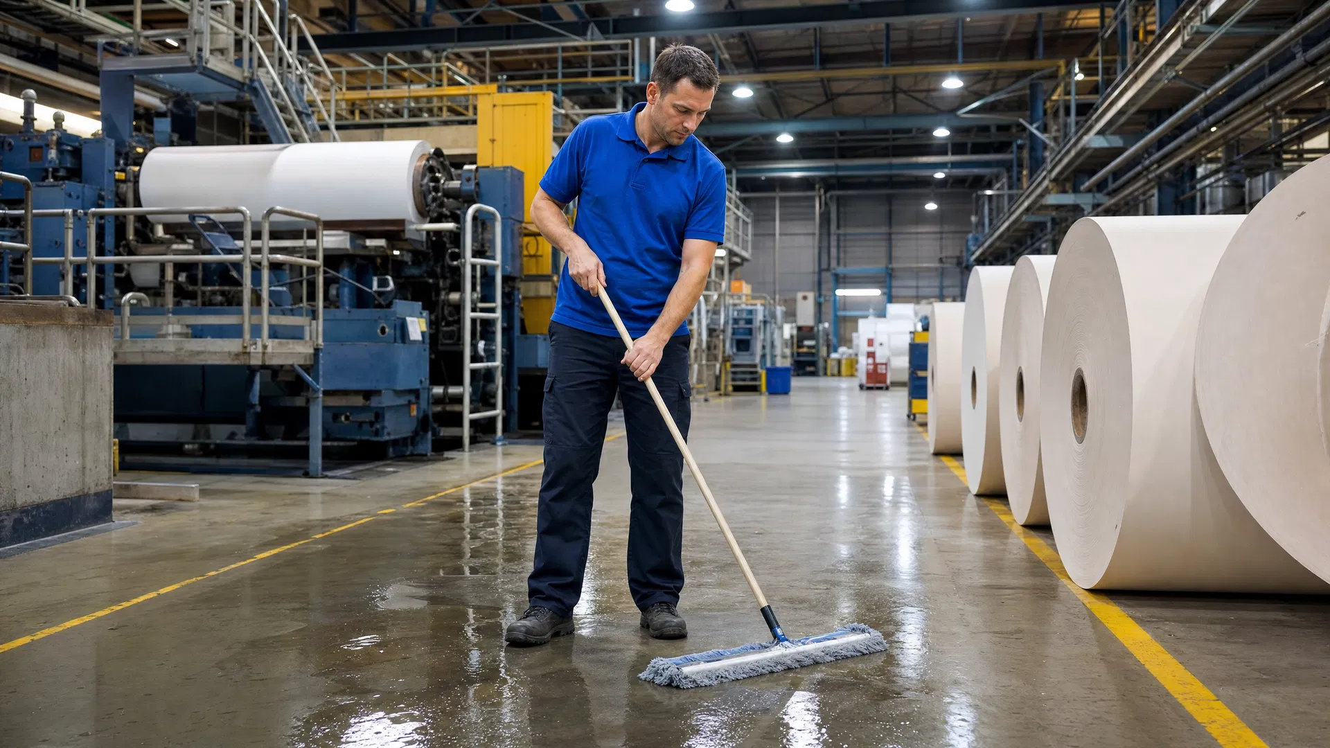 AquaMaid cleaner mopping a paper mill industrial facility